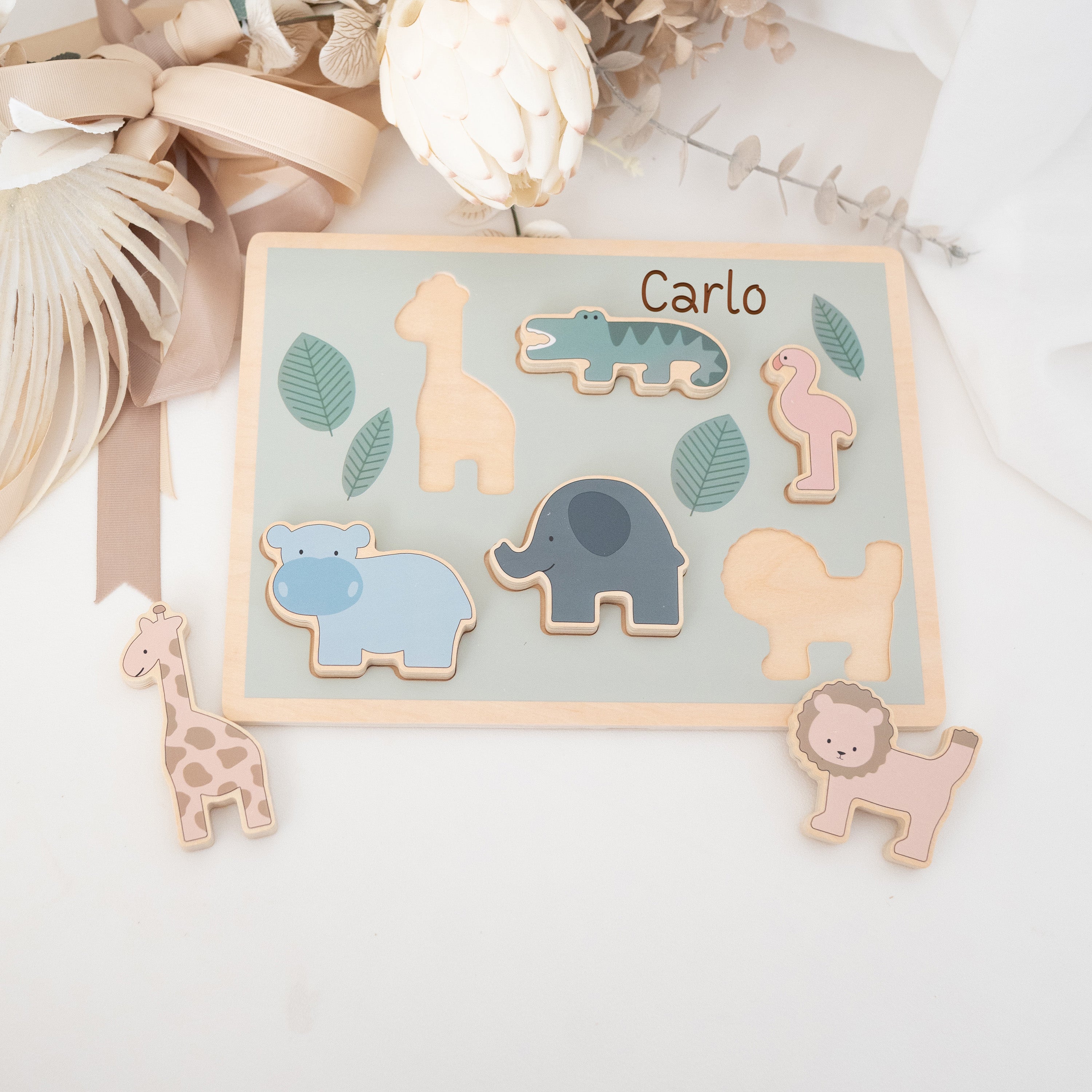 JABADABADO Steckpuzzle personalisiert - Safari, Dino & Einhorn