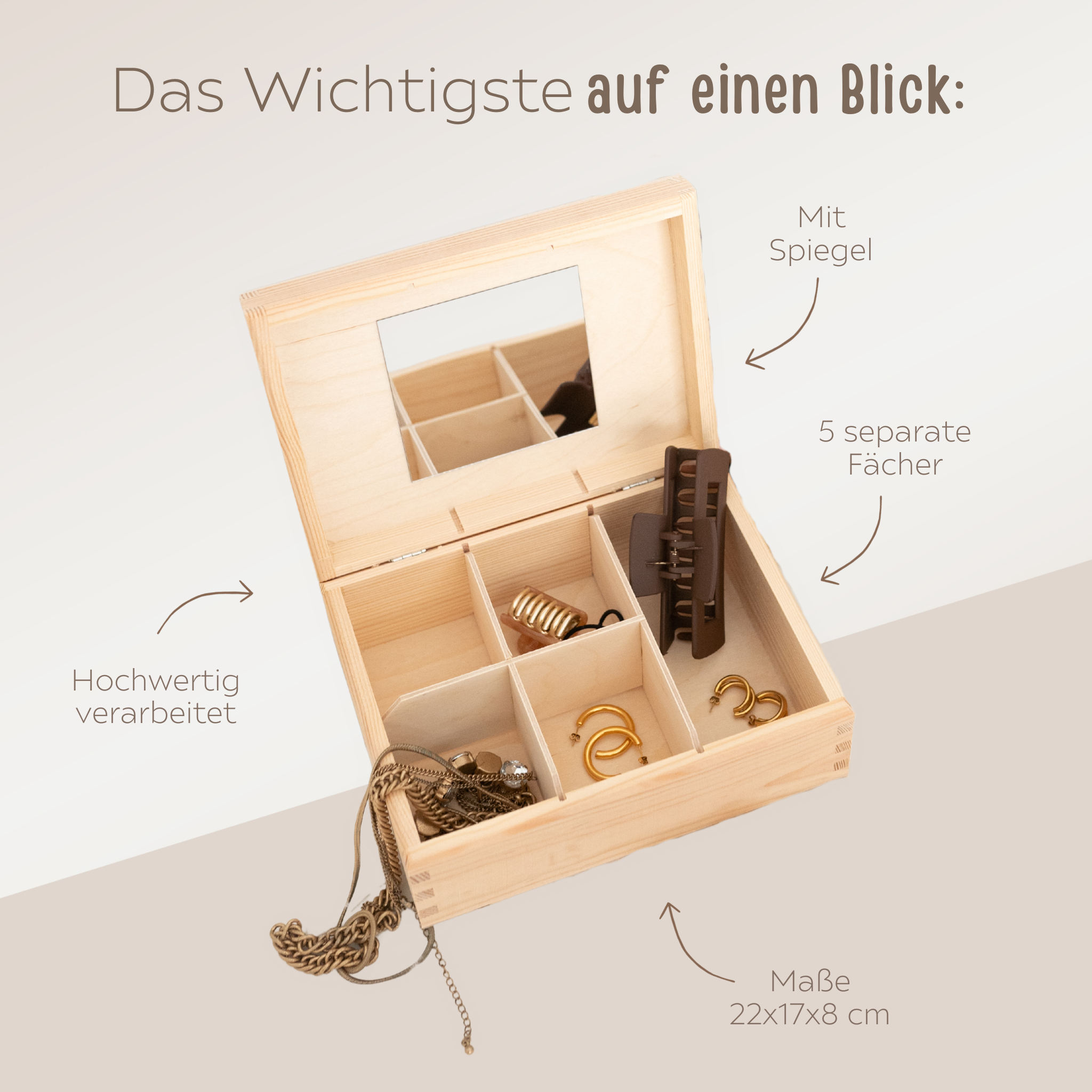 Schmuckkiste mit Spiegel aus Holz - Blumenkranz Gravur