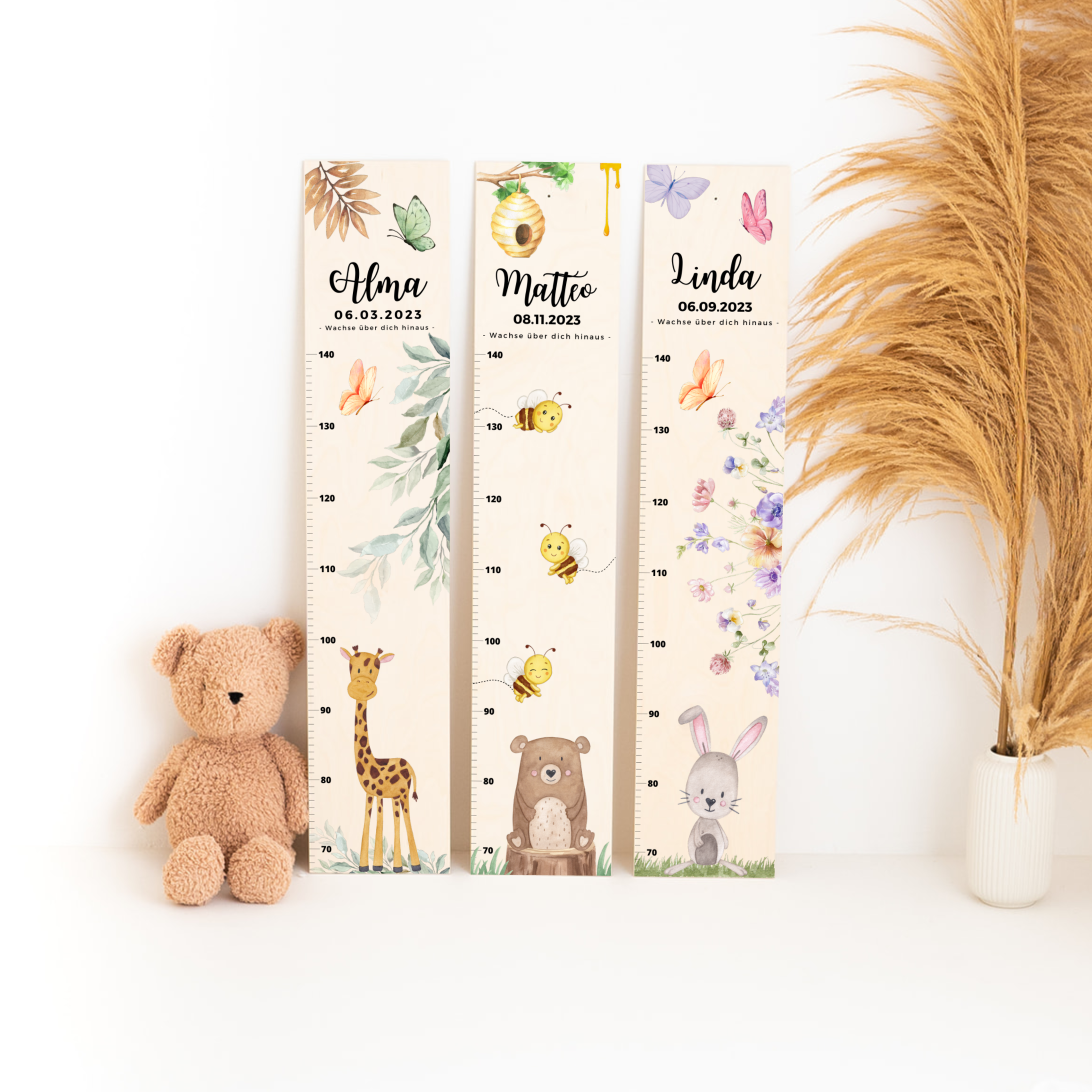 Kindermesslatte Holz personalisiert - Tierischer Gartenzauber Aquarell