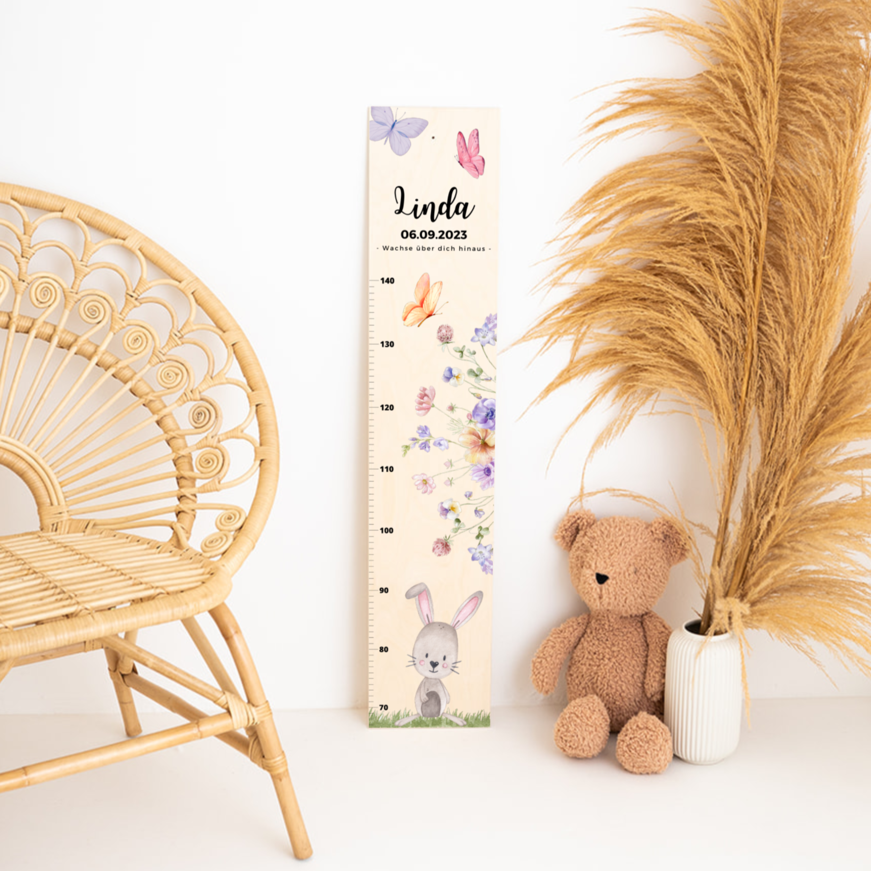 Kindermesslatte Holz personalisiert - Tierischer Gartenzauber Aquarell