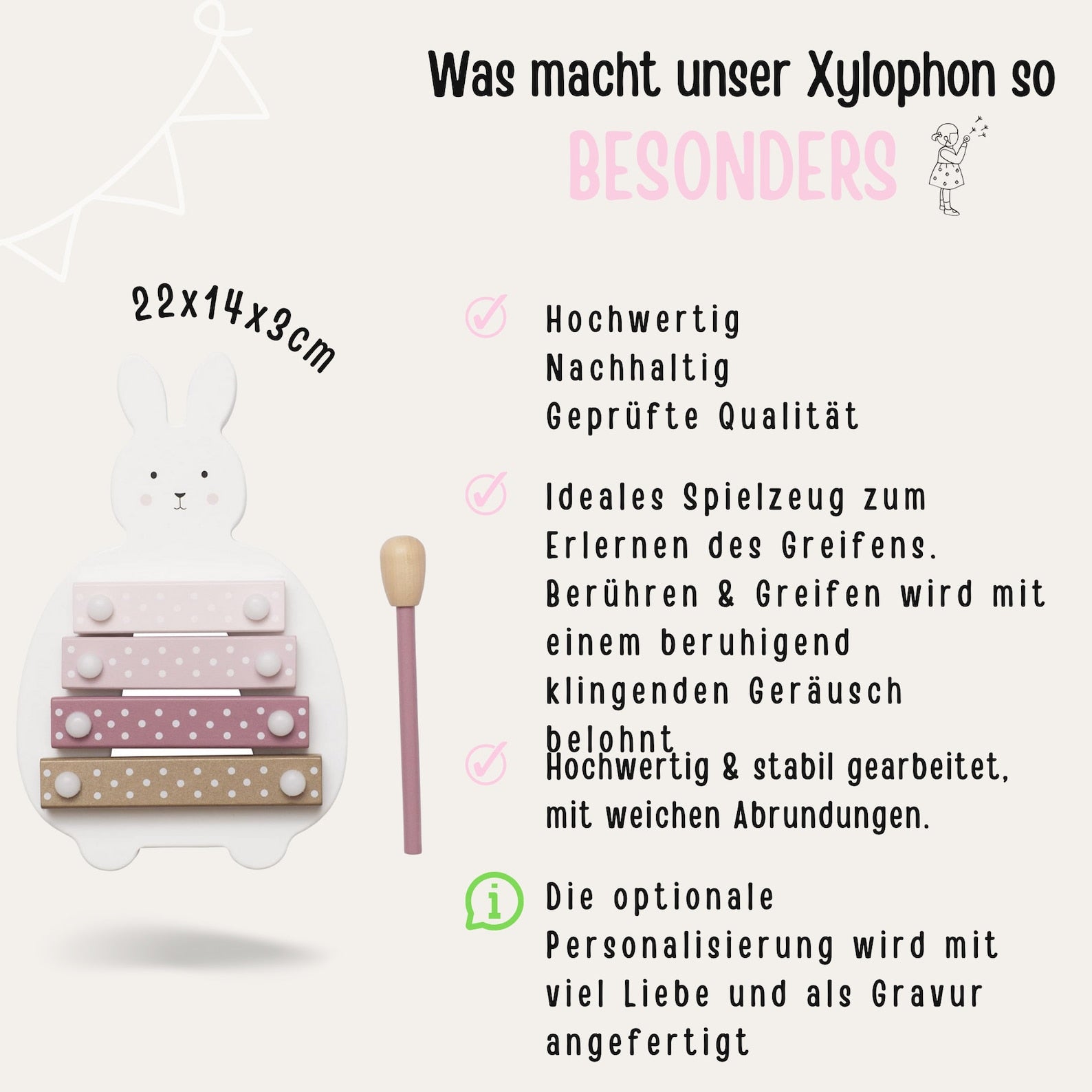 Xylophon Hase rosa weiß personalisiert