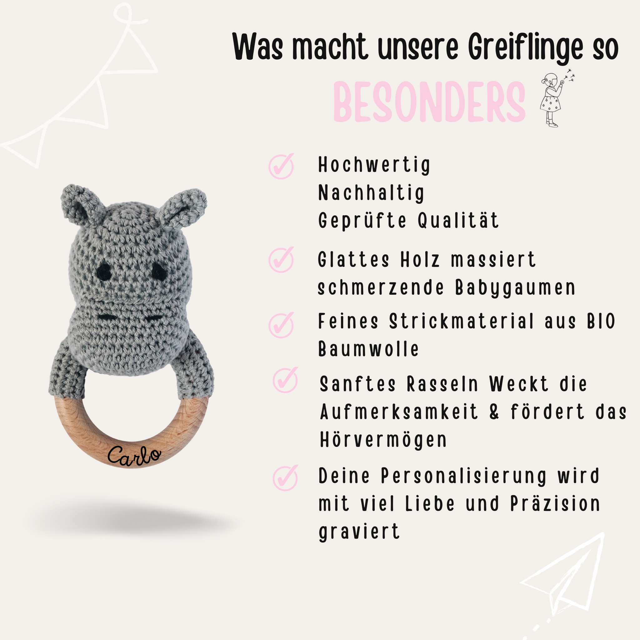 Babyrassel personalisiert - Giraffe, Fuchs, Löwe, Nilpferd