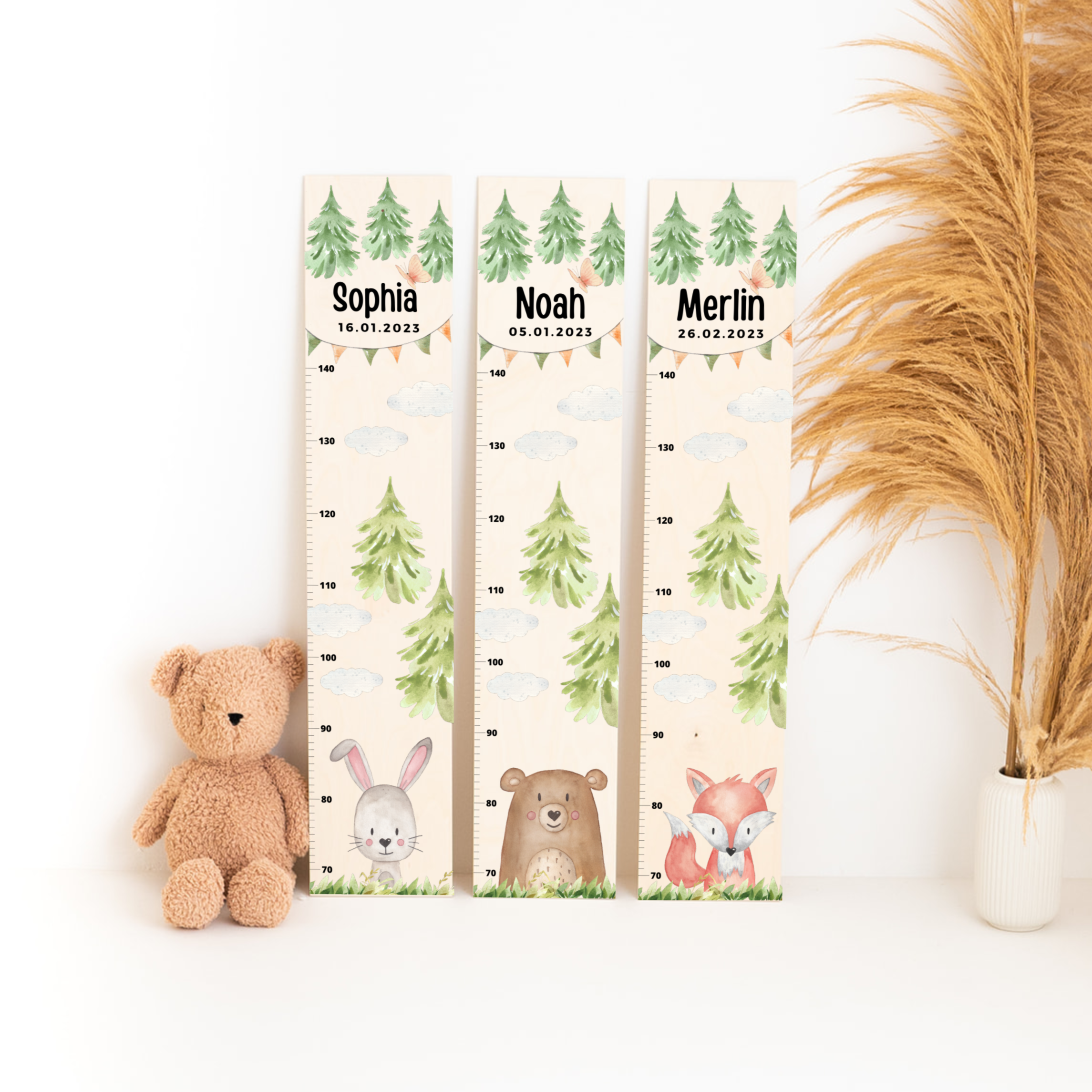 Kindermesslatte Holz personalisiert - Tier Wald Aquarell